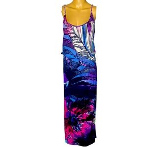 Desigual Abstract Feather Print Maxi Dress, Purple Blue Tie-Dye Boho Tank 
L